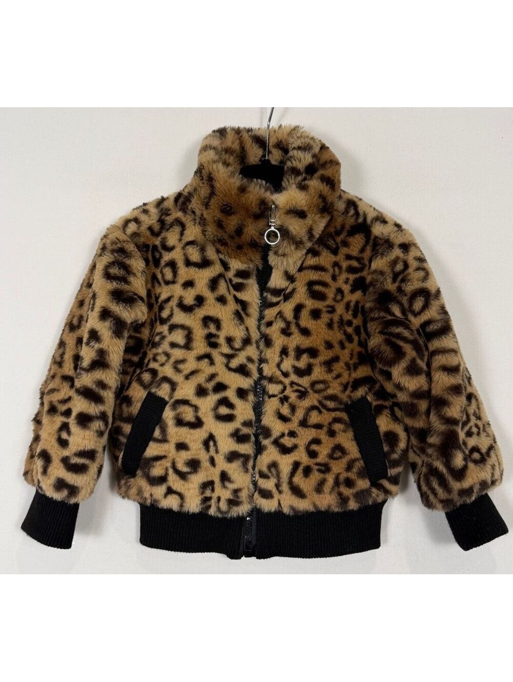 Urban Republic Toddler Girls Leopard Faux Fur Bomber Jacket Black Trim Size 2T